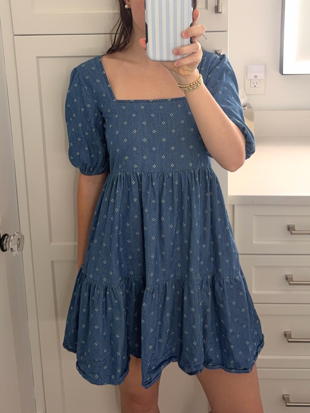 Copper Key Blue Puff Sleeve Tiered Eyelet Mini Dress